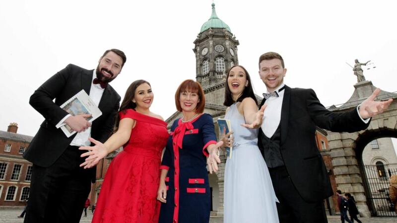 Minister for Culture, Heritage and the Gaeltacht, Josepha Madigan with soprano Rachel Croash (second from left), soprano Amy Ní Fhearraigh, tenor Andrew Gavin (right) and Robert McAllister (bass-baritone). Photograph: Mark Stedman