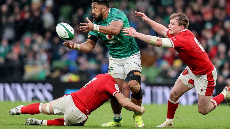 Against Wales Bundee Aki stationed himself in first receiver on multiple occasions. Photograph: Dan Sheridan/Inpho