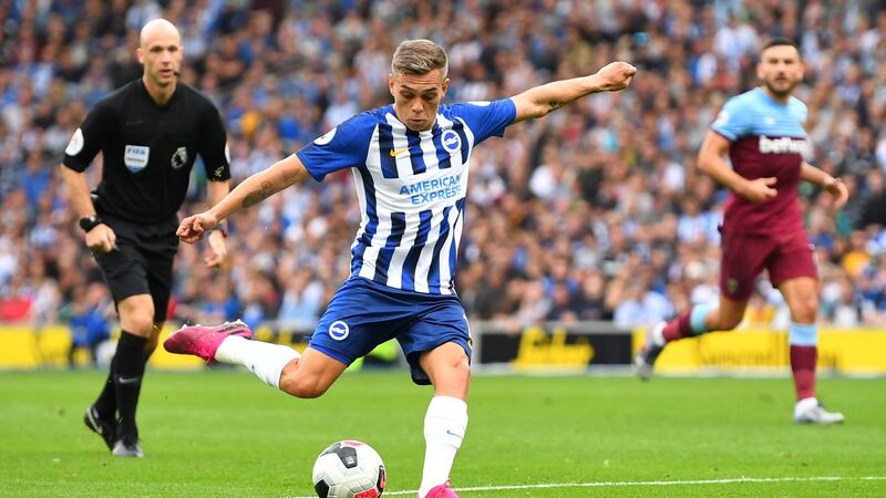 Leandro Trossard opens the scoring for Brighton in the Premier League game against West Ham at the Amex Stadium. Photograph: Dylan Martinez/Reuters