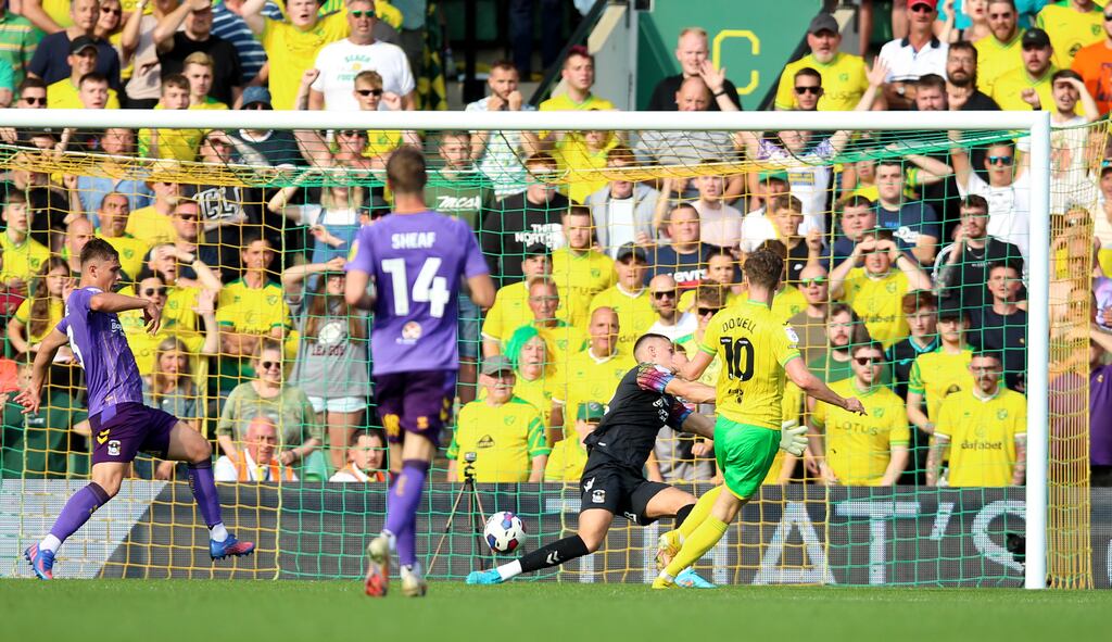 Norwich City's Kieran Dowell scores their third goal during the Sky Bet Championship match against Coventry at Carrow Road. Photograph: Nigel French/PA Wire