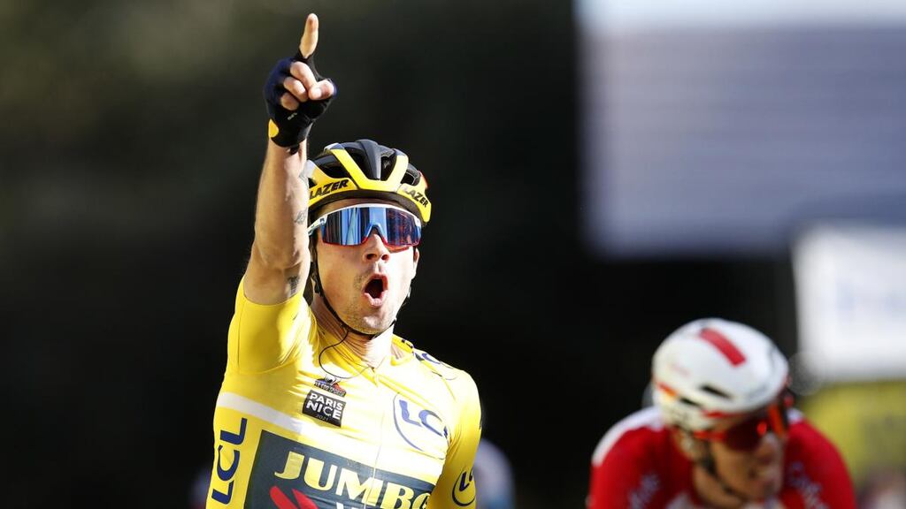 Slovenian rider Primoz Roglic of Jumbo Visma team celebrates while crossing the finish line to win the sixth stage of the Paris-Nice cycling race over 202.5km from Brignoles to Biot. Photograph: Sebastien Nogier/EPA