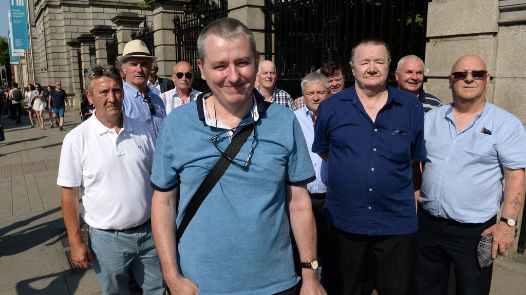 John Allen, front, and members of VOCADS outside the Dáil to mark a motion due before the house on a redress scheme for victims of convicted child sex abusers. Photograph: Dara Mac Dónaill / The Irish Times