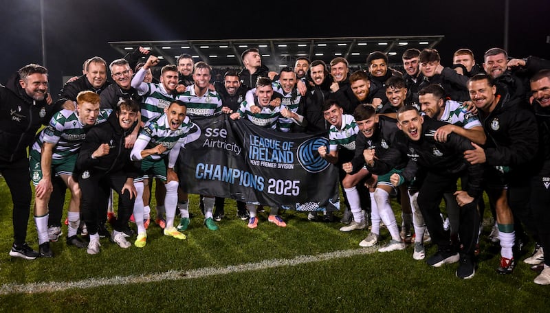 Shamrock Rovers celebrate after the win over Galway United. Photograph: Stephen McCarthy/Sportsfile