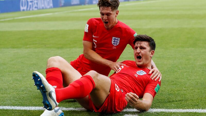 Harry Maguire celebrates scoring England’s opener in Samara. Photograph: Carlos Garcia Rawlins/Reuters