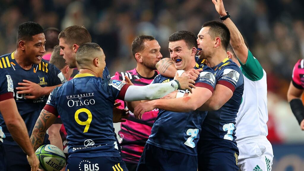 The Highlanders celebrate after bryn Gatland’s last minute drop goal gave them victory over the Chiefs. Photograph: Marty Melville/Getty/AFP