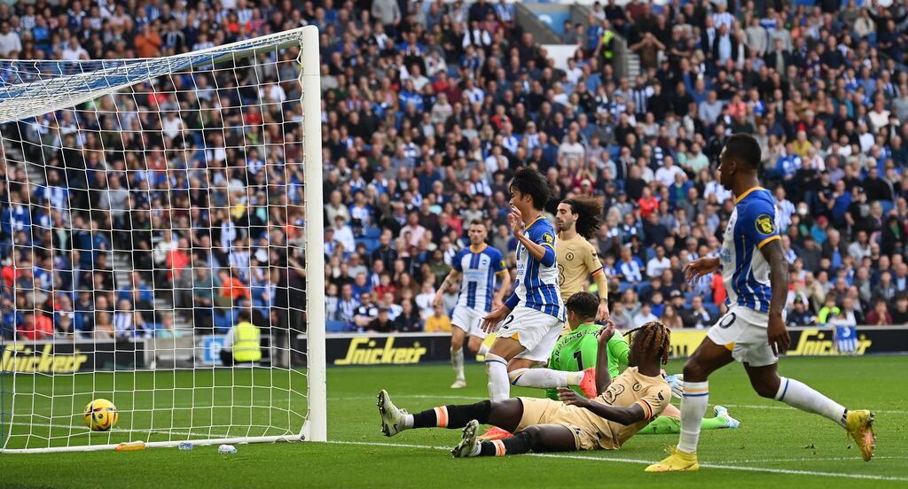 Chelsea defender Trevoh Chalobah scores an own goal in the Premier League game against Brighton at the American Express Community Stadium. Photograph: Glyn Kirk/AFP via Getty Images