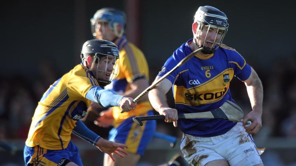 Clare’s Patrick Donnellan tackles Conor O’Mahony of Tipperary. Photograph: Lorraine O’Sullivan/Inpho