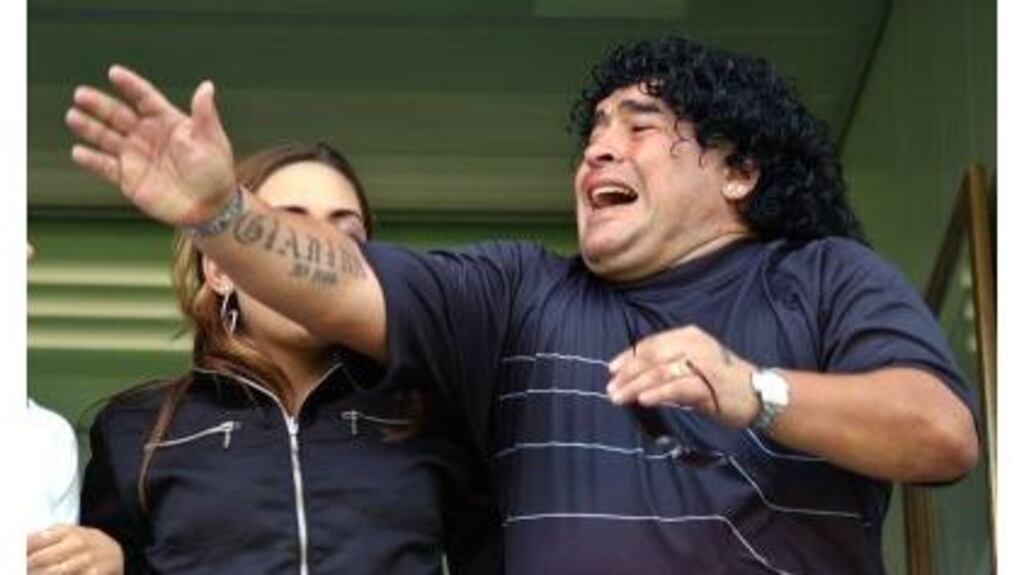 Diego Maradona during Sunday?s first division match between Boca Juniors and Nueva Chicago in Buenos Aires. Maradona took ill after the match.