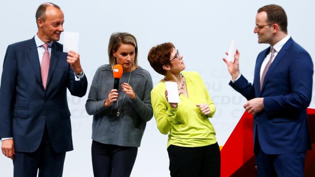 CDU candidates for the party chair Friedrich Merz, Annegret Kramp-Karrenbauer and Jens Spahn in Düsseldorf. Photograph: Thilo Schmuelgen/File Photo/Reuters