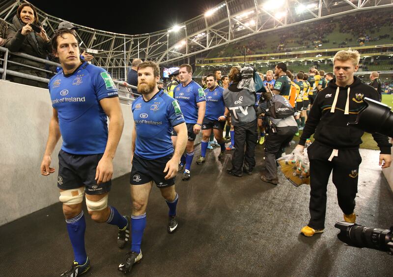 Leinster's Mike McCarthy and Gordon D'Arcy after the Leinster vs Northampton match on December 14th, 2013. Photograph: Billy Stickland/Inpho