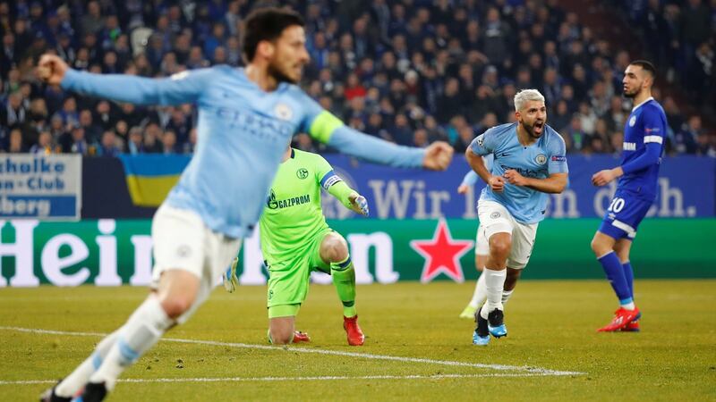 Aguero celebrates scoring City’s first goal. Photo: Wolfgang Rattay/Reuters