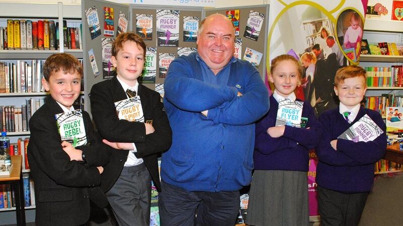 Gerard Siggins on a reading tour in Belfast with NI Libraries, with pupils frfom Inchmarlo and St Patrick’s primary schools