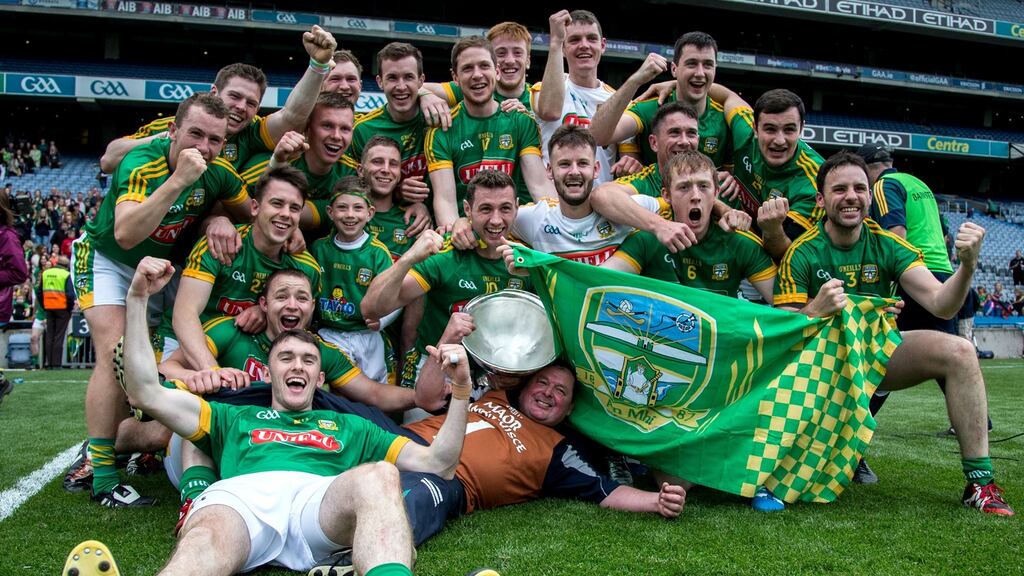 Meath players and officials celebrate their Christy Ring Cup victory at Croke Park on Saturday. Photograph:  Tommy Dickson/Inpho