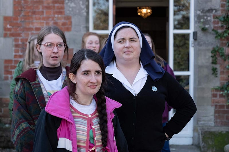 Siobhan McSweeney with Beccy Henderson and Leah O'Rourke in Derry Girls