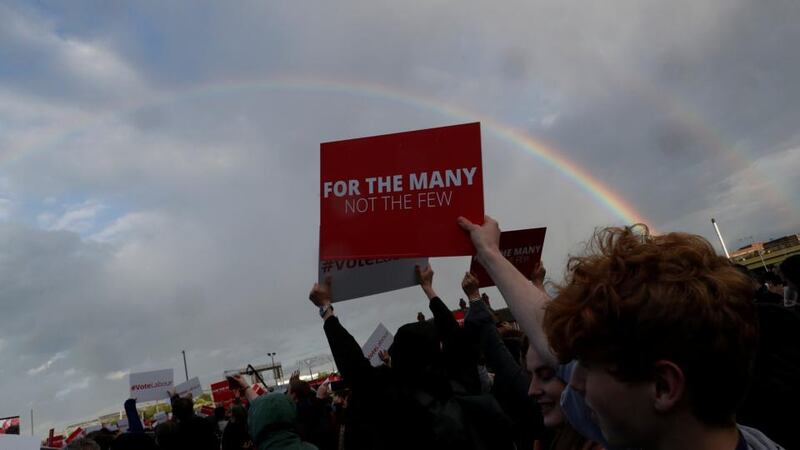 “Oh my God. It’s like a miracle”: a rainbow appears above the stage as Jeremy Corbyn speaks in Birmingham. Photograph: Darren Staples/Reuters