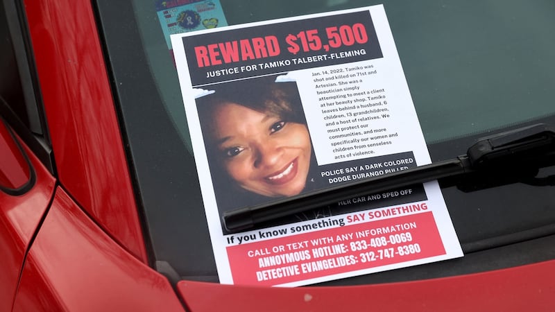 A flyer distributed by volunteers and family members of Tamiko Talbert-Fleming seeking information about her murder in the Chicago Lawn neighbourhood in January in Chicago, Illinois. Photograph: Scott Olson/Getty Images