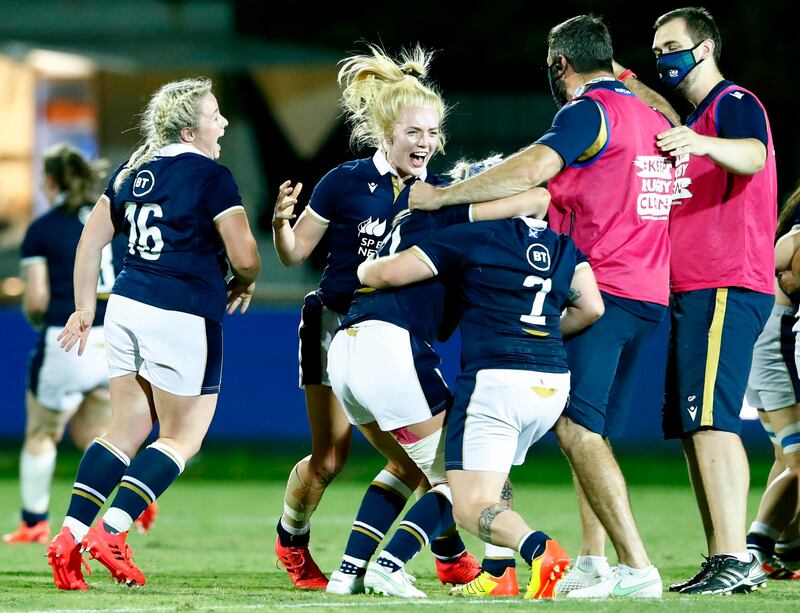 Scotland players celebrate after beating Ireland in 2021. Photograph: Matteo Ciambelli/Inpho
