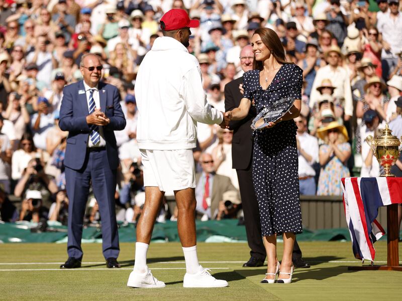 Kate Middleton presents Nick Kyrgios with the runners up trophy. Photograph: PA Wire