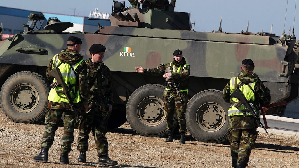 The Irish soldiers from the Kosovo Peacekeeping Forces (KFOR) patrol near the village of Lapusnik in on February 14th, 2008. Photograph: Armend Nimani/AFP/Getty Images
