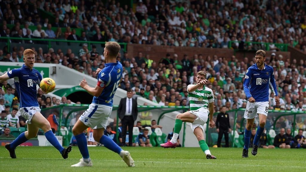 Celtic’s Ryan Christie scores his first goal. Photograph: Ian Rutherford/PA Wire.