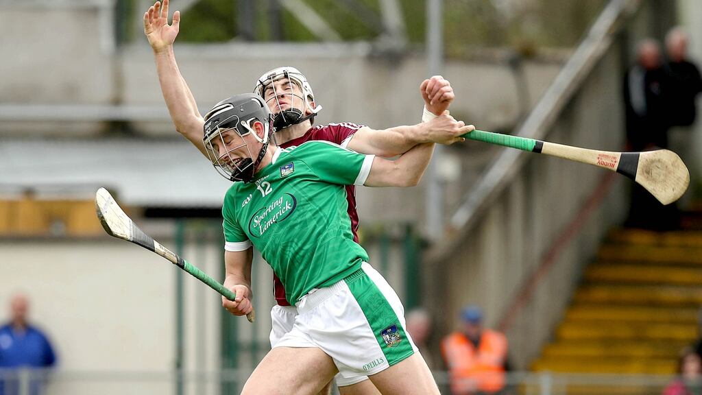 Limerick’s Gearóid Hegarty with Daithí Burke of Galway during the semi-final at the Gaelic Grounds. Photograph: Donall Farmer/Inpho