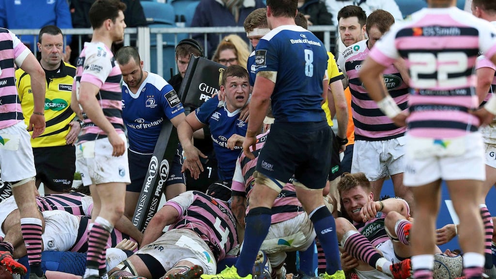 Leinster’s Ross Maloney gets up after scoring Leinster’s third try against Cardiff Blues. Photograph: Billy Stickland/Inpho