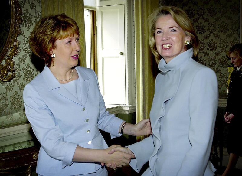 Then president Mary McAleese and Hilary Weston in Áras an Uachtaráin, 2001. Photograph: David Sleator