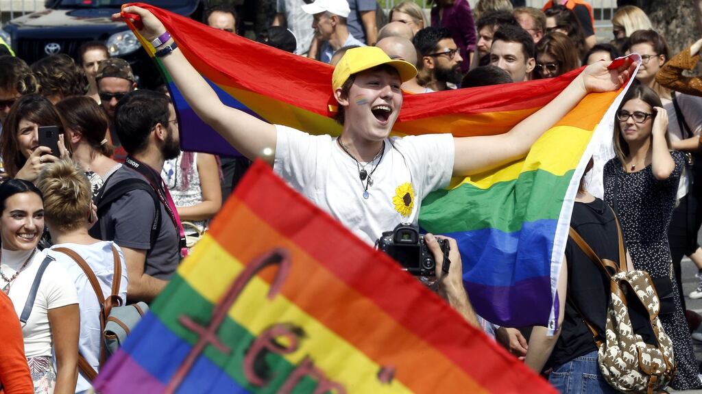 Participants carry placards and rainbow-coloured flags at Sarajevo’s first gay pride parade, on September 8th. Photograph: Fehim Demir
