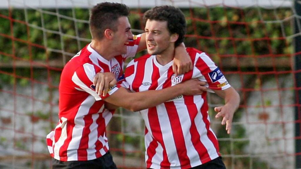 Derry’s Barry McNamee is congratulated after scoring against Dundalk at the Brandywell. Photo: Lorcan Doherty/Inpho