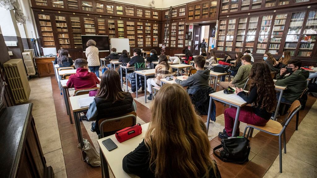 Students attend Visconti High School in Rome on Monday, the first day of reopening. Photograph: Massimo Percossi/EPA