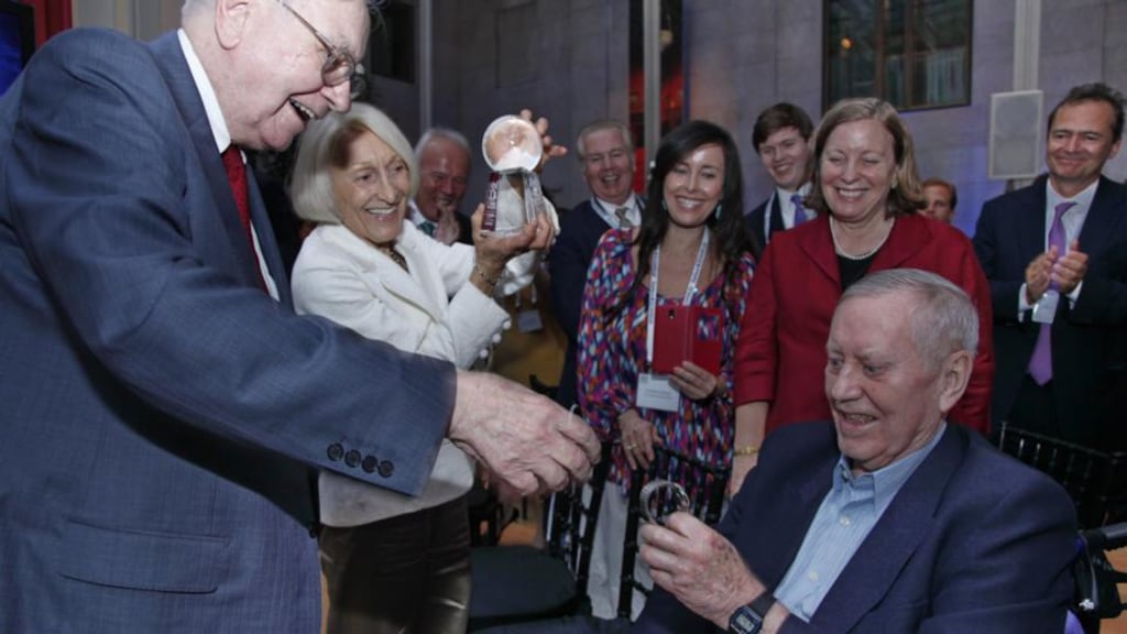 Warren Buffett and Chuck Feeney (right) at the awards ceremony where the Irish American businessman received a Forbes 400 Lifetime Achievement Award.