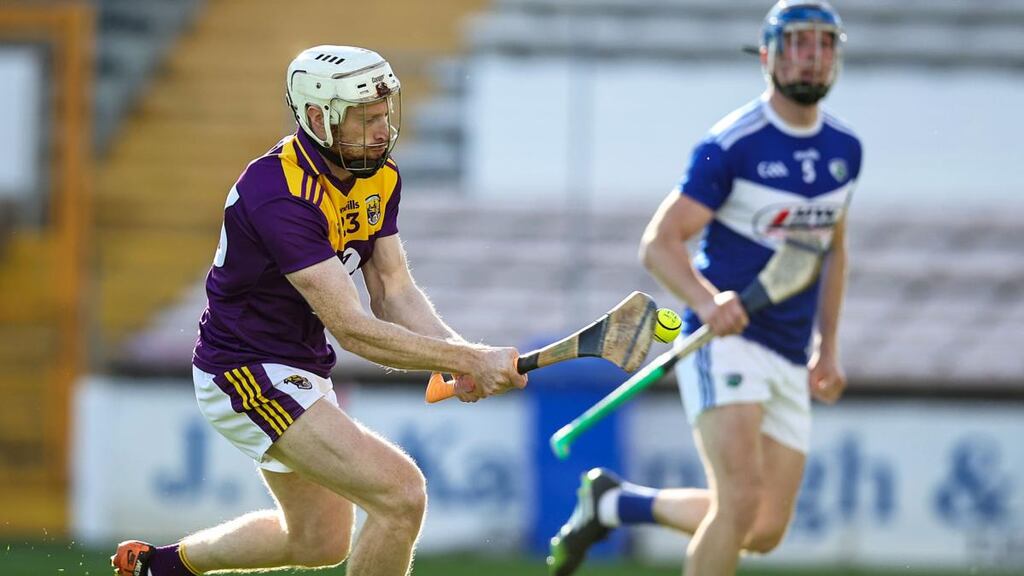 Wexford’s David Dunne scores a goal during the Leinster SHC quarter-final against Laois at UPMC Nowlan Park in Kilkenny. Photograph: Tommy Dickson/Inpho