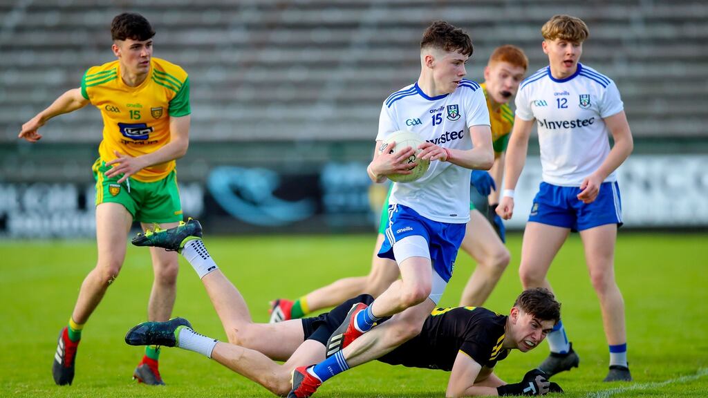 Monaghan’s Liam McDonald scores a goal in his side’s victory over Donegal in the Ulster Minor Football Championship semi-final at Brewster Park, Enniskillen, Co Fermanagh. Tommy Dickson/Inpho