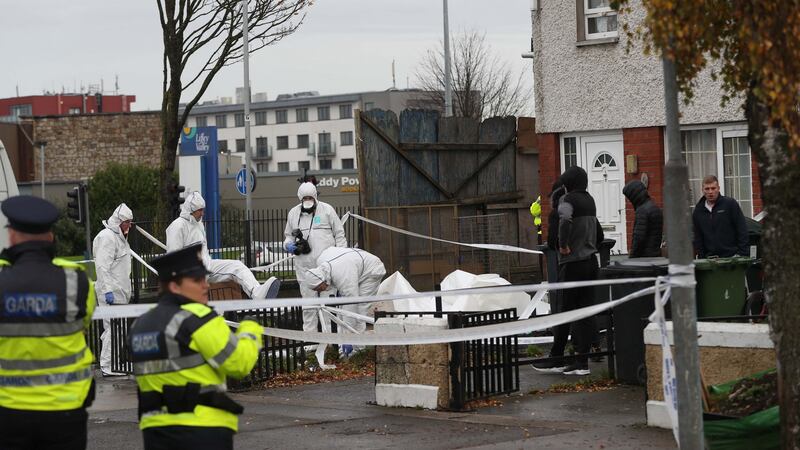 Gardaí preserve the scene at Shancastle Park in the Clondalkin area following a shooting on Friday night. Photograph: Stephen Collins/Collins Photos