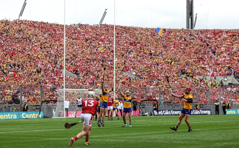 Cork’s Patrick Horgan scores a point to send the game to extra-time. Photograph: Morgan Treacy/Inpho