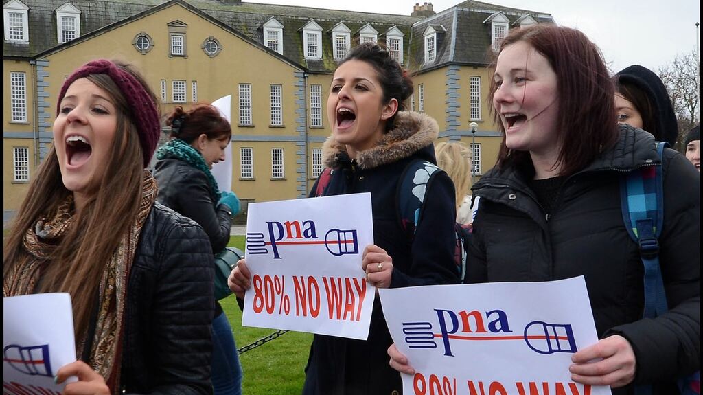 File photograph of members of the Psychiatric Nurses Association protesting in Dublin. Psychiatric nurses have become the latest group in the public service to press the Government for an accelaration in pay restoration. File photograph: Brenda Fitzsimons/The Irish Times