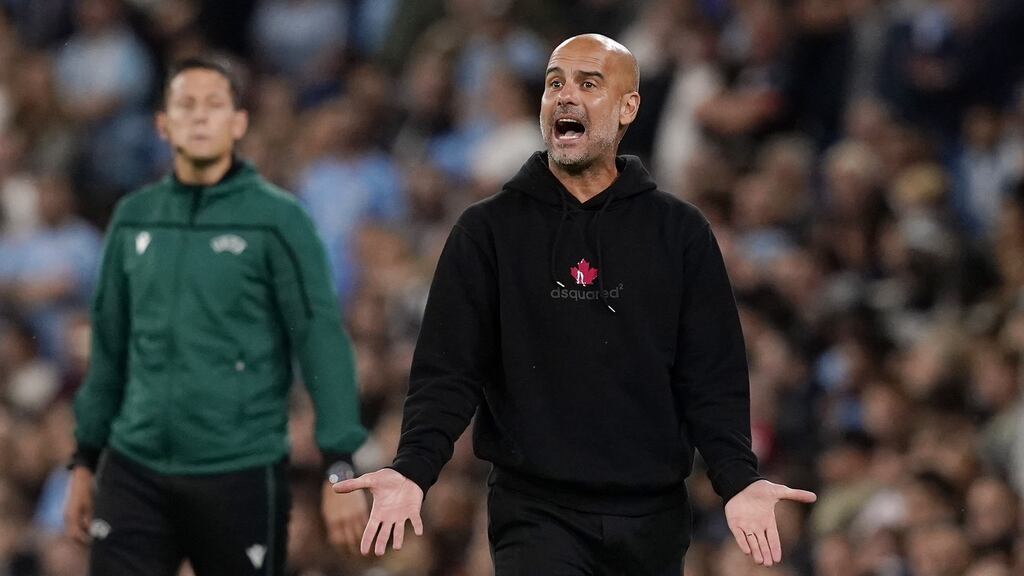 Manchester City manager Pep Guardiola reacts during the Uefa Champions League win over RB Leipzig. Photo: Andrew Yates/EPA