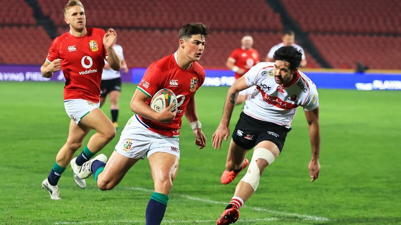 Louis Rees-Zammit opens the scoring for the Lions against Sigma Lions. Photograph: David Rogers/Getty