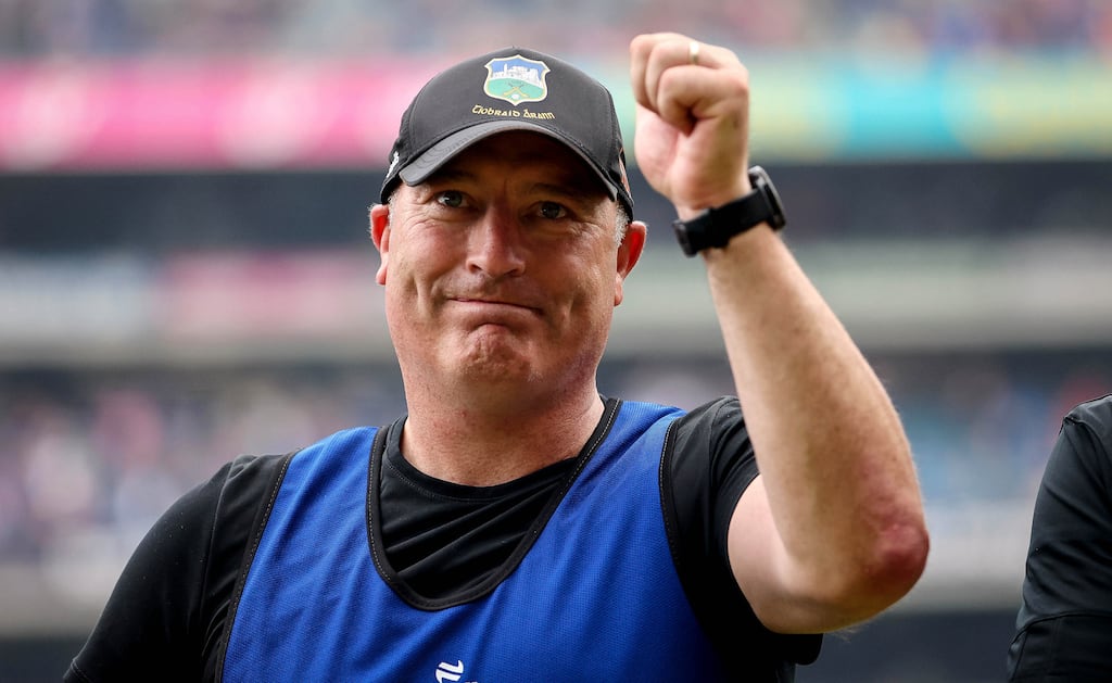 Tipperary manager Liam Cahill celebrates after the All-Ireland final. Photograph: Ryan Byrne/Inpho