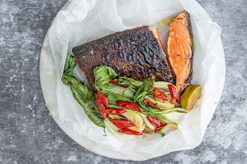 Ginger and garlic marinated salmon with pak choi. Photograph: Harry Weir Photography