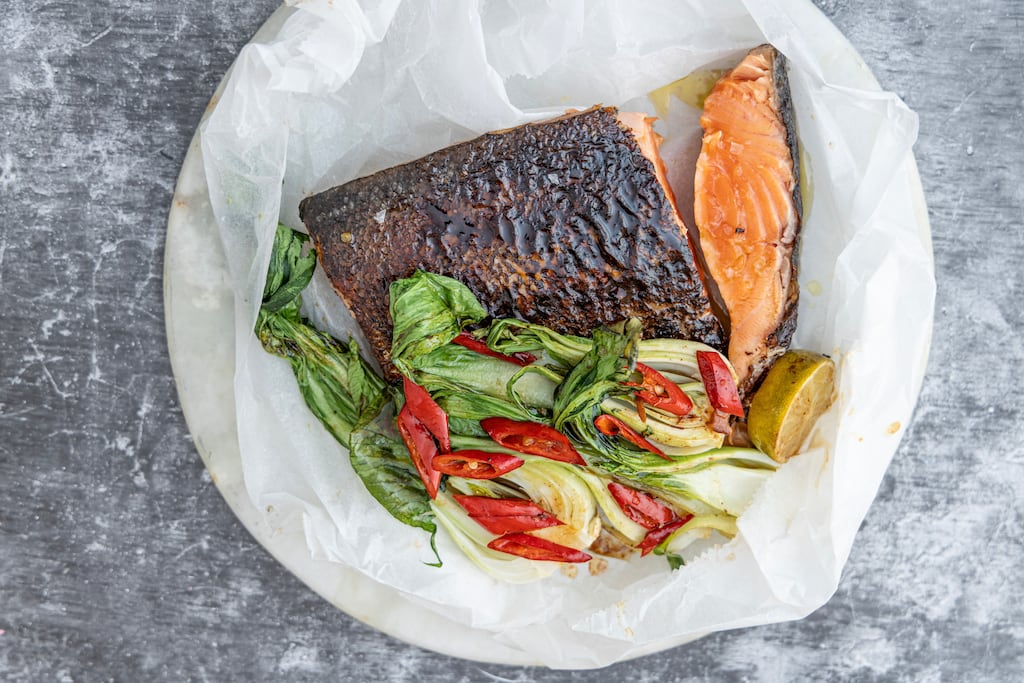 Ginger and garlic marinated salmon with pak choi. Photograph: Harry Weir