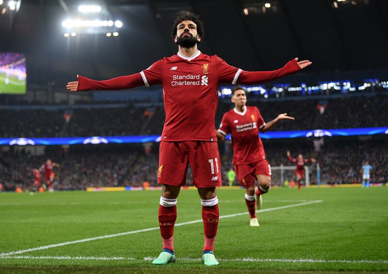 Mohamed Salah after scoring his side's first goal during the Champions League quarter–final second leg match against Manchester City at the Etihad Stadium in 2018. Photograph: Laurence Griffiths/Getty Images