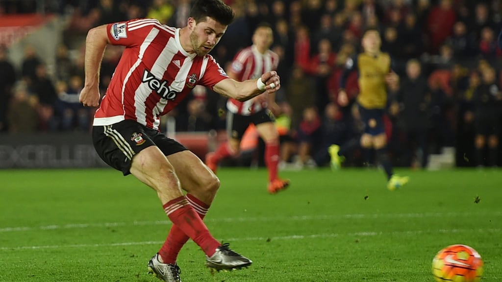 Shane Long scores the fourth goal for Southampton against Arsenal. Photograph: Alan Walter/Reuters