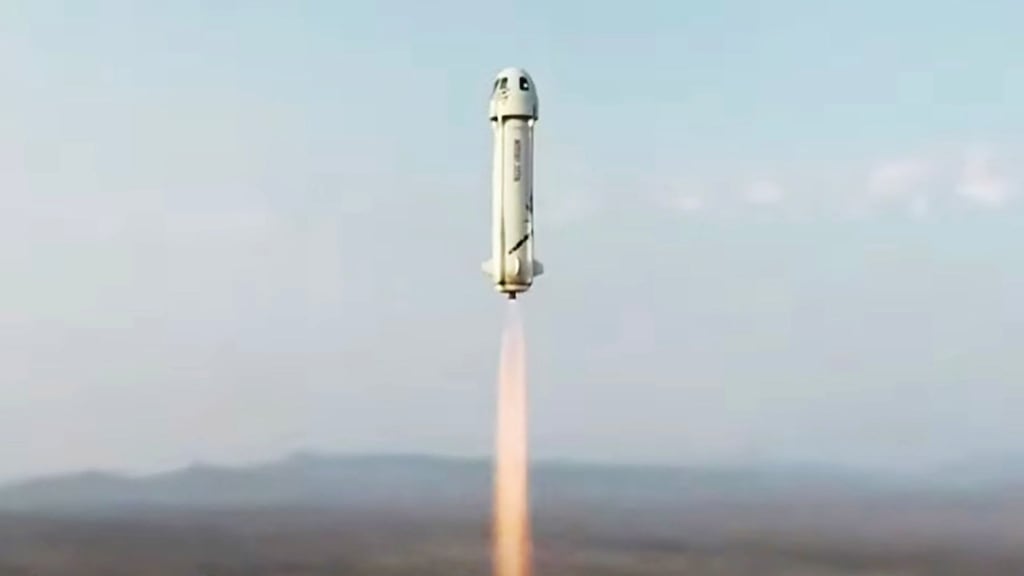 Rocket thrust: Jeff Bezos and his crew taking off on Tuesday aboard New Shepard. Photograph: Blue Origin/EPA