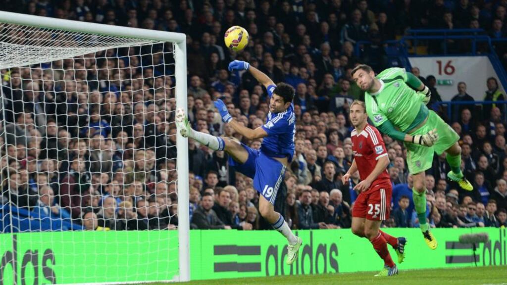 Chelsea Diego Costa (left) misses an opportunity to score against West Brom Stamford Bridge. Photograph: Peter Powell / EPA