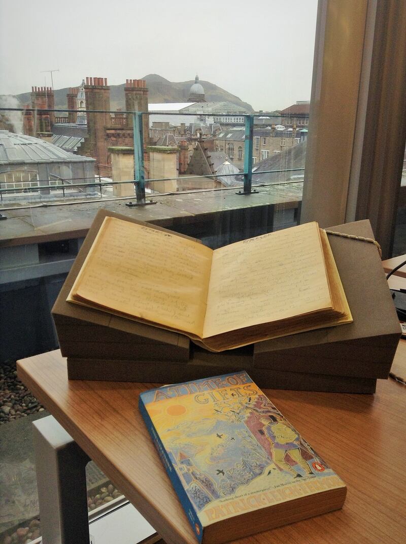 Patrick Leigh Fermor’s classic travel book, A Time of Gifts, and the legendary ‘Green Diary’ he kept on the original journey, in the National Library of Scotland. Photograph: Tim Hannigan