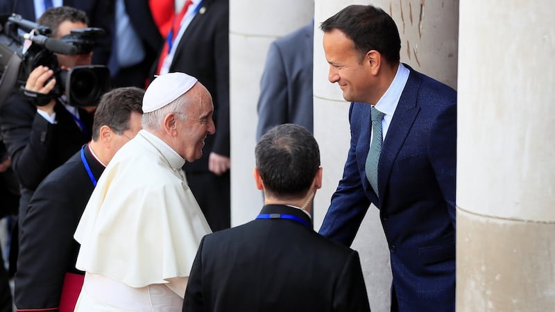 Pope Francis is greeted by Taoiseach Leo Varadkar at Dublin Castle during his visit to Dublin. Photograph: Gonzalo Fuentes/Reuters.
