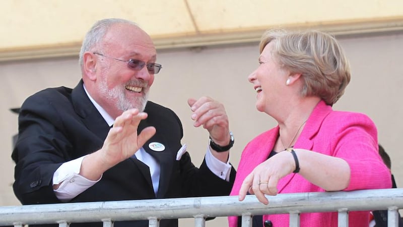 Senator David Norris and Minister for Justice Frances Fitzgerald in joyful mood at Dublin Castle. Photograph: Collins
