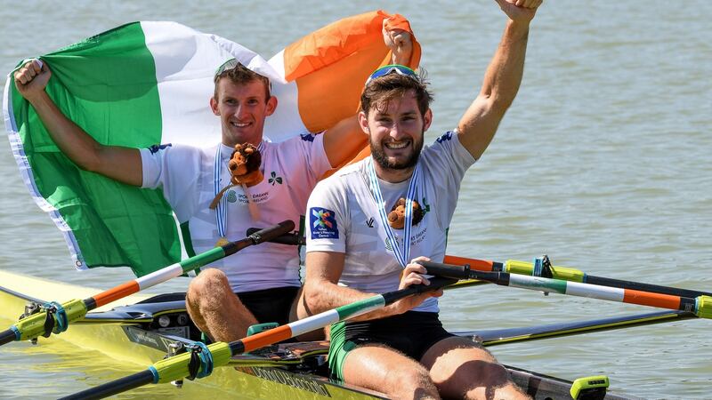 Paul and Gary O’Donovan celebrate winning gold at the World Rowing Championships in Bulgaria last year. File photograph: Detlev Seyb/Inpho