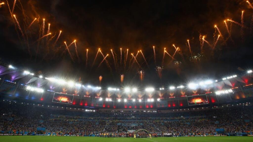 A general view of the stadium during fireworks in the 2014 FIFA World Cup Brazil Final match between Germany and Argentina Photograph: Getty Images